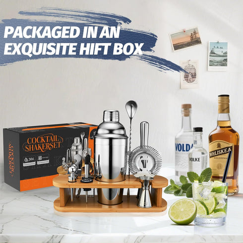 Set 13-Pcs Set 25oz Cocktail Shaker Bartender Kit: Bar Tools with Bamboo Stand, Essential Bar Accessories for Home: