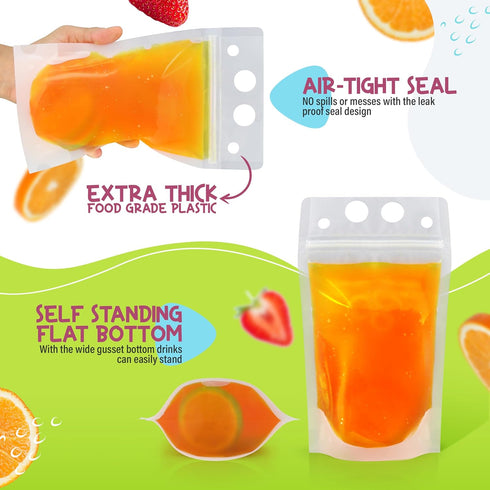 FROZIP 100pcs 16oz x100 Drink Pouches for Adults - Drink Pouches with Straws & Funnel - Resealable Smoothie Pouches