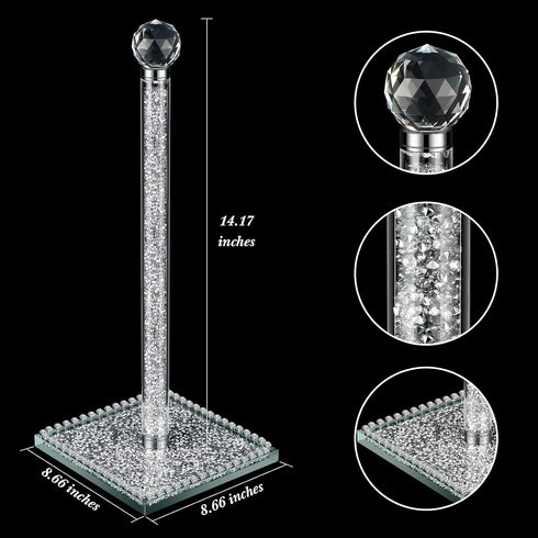 13 Inch Silver Crystal Standing Paper Towel Roll Holder, Square Base Standing Paper Towel Stand with Sparkly Crystal