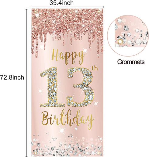 Happy 13th Birthday Door Banner Backdrop Decorations for Girls, Pink Rose Gold 13 Birthday Party Supplies