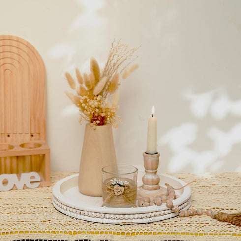 Counter Farmhouse Wood Tray Candle Holder - Romadedi Bead Round Wooden Decorative Tray for Coffee Table Decor Serving