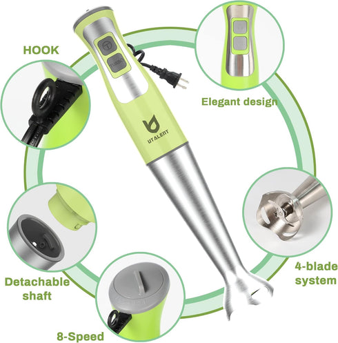 Immersion Hand Blender, UTALENT 5-in-1 Stick Blender with 500ml Food Grinder, BPA-Free, 600ml Container, Milk Frother -