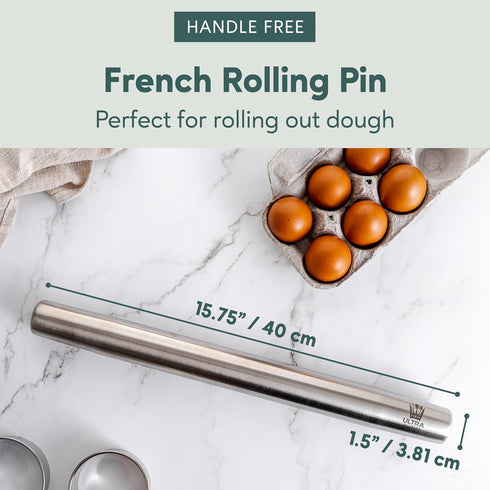 Ultra Cuisine French Rolling Pin for Baking – Tapered Design, Stainless Steel, 15.75-inch Large Roller Pin