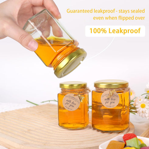 6 oz 30-Pack SZUAH Mini Glass Honey Jars | Honey Jars with Wood Dippers, Gold Lids, Gift Bags, Bee Charms, Labels