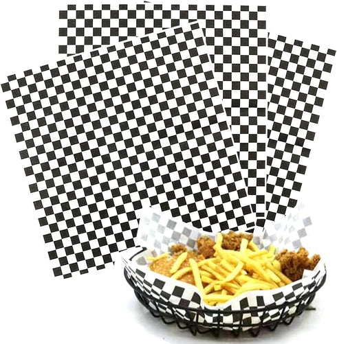 100 Sheets Checkered Dry Waxed Deli Paper, Paper Liners for Plastic Food Baskets, Wrapping Bread and Sandwiches