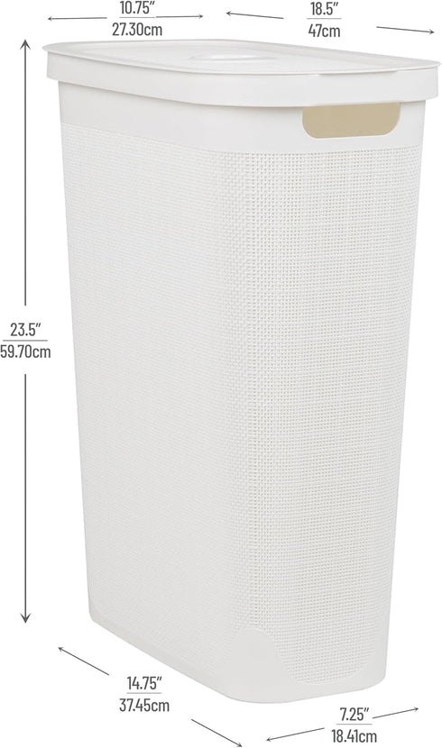 Mind Reader 40L Slim Laundry Hamper - Clothes Basket with Lid, Linen Design, Plastic, 18.5”L x 10.75”W x 23.5”H