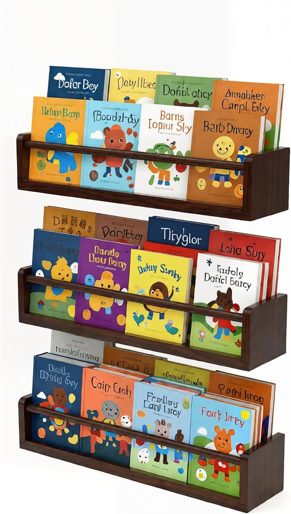 Deep Walnut Nursery Floating Shelves Set of 3 Wall Mounted Kids Bookshelf