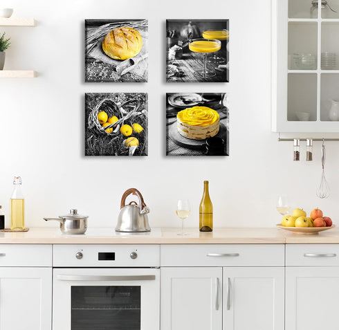 DJSYLIFE Kitchen Wall Decor, Black and White Yellow Canvas Print for Cafe Dining Room Decoration