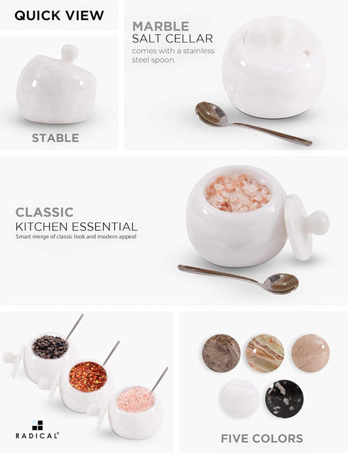 3" Inch Countertop, Radicaln Marble Salt Cellar with Lid White Salt Jar & Table Salt Storage For Kitchen Ideal Salt