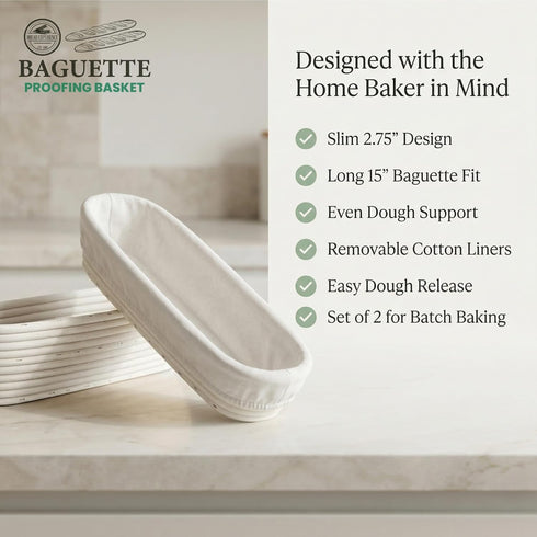 15 Inch Set 2 Baguette Proofing Basket of with Cotton Liners & Baguette Recipe eBook- Handcrafted Natural Rattan