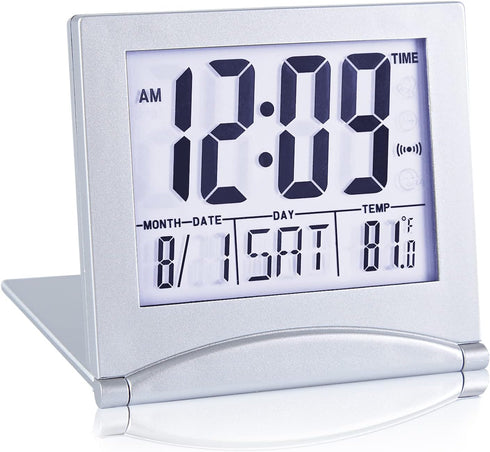 Small Digital Travel Alarm Clock, Battery Operated with Large Number Display and Night Backlight (Silver)