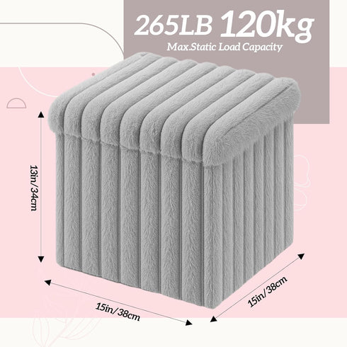 15x15x13 Inch, 265lbs Wenqik Grey Storage Ottoman Cube, Fluffy and Furry Grey Square Foot Rest Stool, Foldable Storage