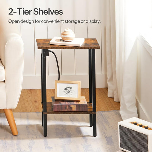 2-Tier BF240UBZ01 HOOBRO Narrow Side Table, Slim End Table with Charging Station, Skinny Nightstand with Open Storage