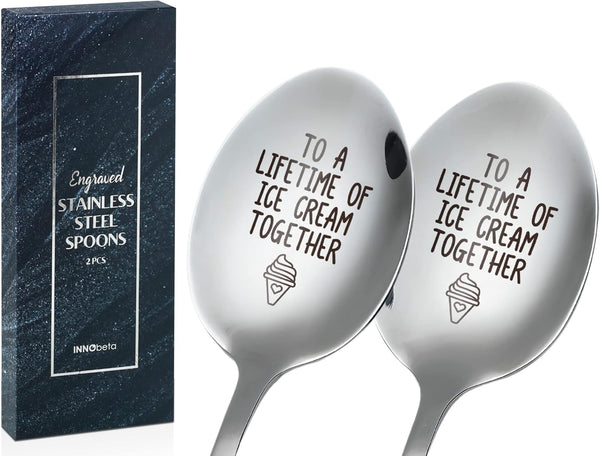 Engraved Ice Cream Spoons, Gifts for Couple, 2 Pcs Stainless Steel Coffee Spoon for a Lifetime Together