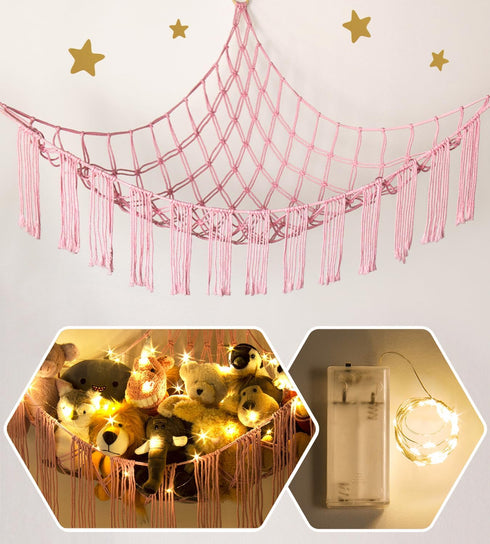 Stuffed Animal Hammock Corner Net with LED Light - Toy Storage Holder