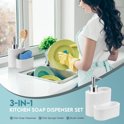 3 1 Countertop Shinowa Soap Dispenser with Sponge Holder, Marble Look Liquid Hand and Dish Soap Dispenser and Sponge