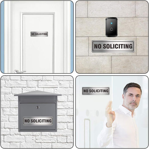 No Soliciting Sign for House Door 7.0" x 2.0" Aluminum Metal Signboard with Strong Self Adhesive (4 Pack, Silver)