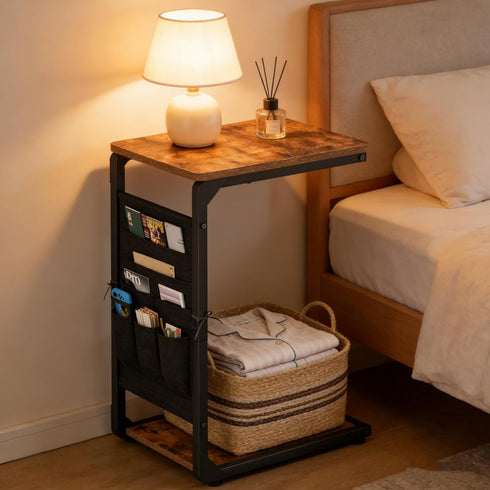 Vovonusy ET-P-BR1 Wood Pedestal Small TV Trays for Eating, C Shaped End Table Storage Bag, Sofa Side Table Couch Desk