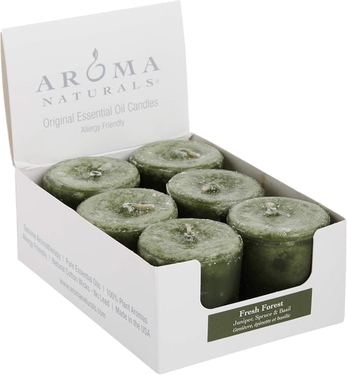 Aroma Naturals Votive Candles, Essential Oil with Juniper Spruce and Basil, Evergreen Holiday, 6 Count
