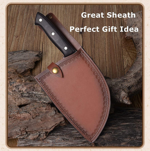 Dream Reach Forging Serbian Chef Knife - Full Tang High Carbon Clad Steel Almasi Butcher Cleaver with Leather Sheath