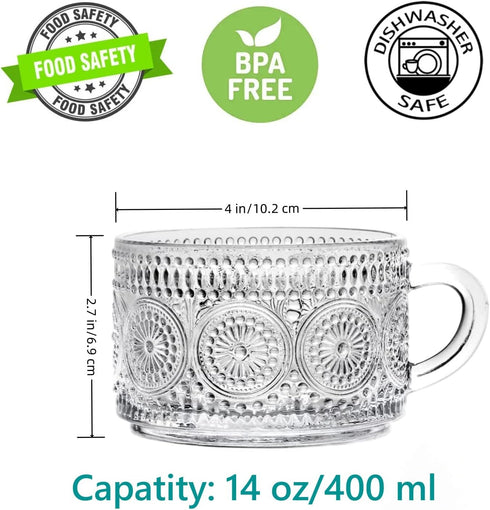 Amzcku 14 Oz Set 2 Vintage Coffee Tea Cups, Glass Mugs of Embossed Glassware with Handle, for Cappuccino, Latte