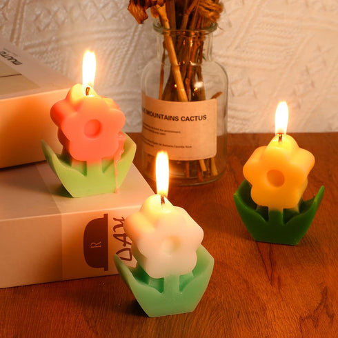 3 Pcs Flower Shaped Scented Candle Set, Pink, White, Yellow, Soy Wax Decor for Table, Cute Gifts for Women