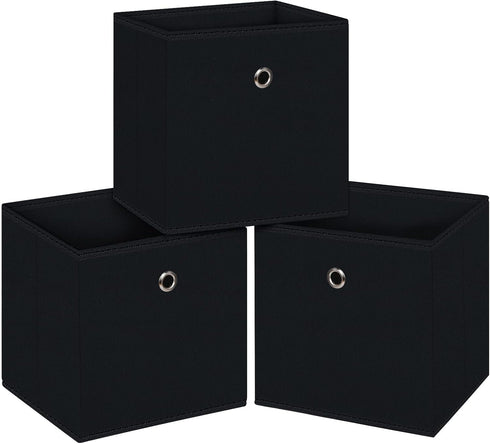 Black Foldable Storage Cubes Bins, 11 Inch Cloth Storage Cube Organizer with Dual Handles, Set of 3