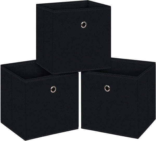 Black Foldable Storage Cubes Bins, 11 Inch Cloth Storage Cube Organizer with Dual Handles, Set of 3