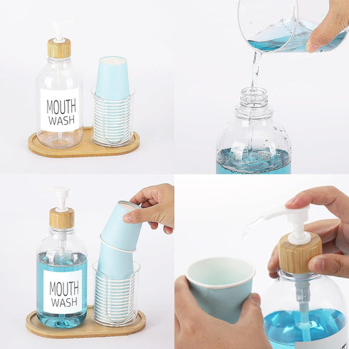 17oz Mouthwash Dispenser with Cup Holder, Plastic Mouth Wash Pump Bottle with Tray for Bathroom Organizers, Refillable