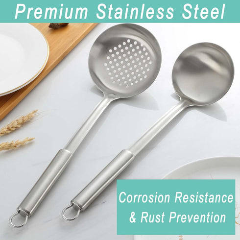 Pleafind 2-Pcs Ladle and Slotted Spoon, Stainless Steel Cooking Utensils for Home and Restaurant, Dishwasher Safe