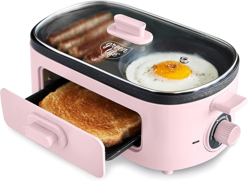 GreenLife 3-in-1 Breakfast Station, Ceramic Nonstick Dual Griddles for Eggs, Meat, Pancakes & Sandwiches, Pink