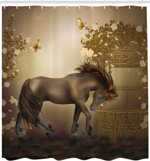 Ambesonne Mystic Shower Curtain - Horse in Roses Garden with Butterflies, Cloth Fabric Bathroom Decor Set, 69" W x 70" L