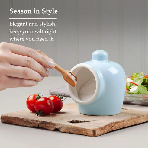 Wm Bartleet & Sons Traditional Porcelain Small Salt Pig, Blue, with Wooden Salt Serving Spoon