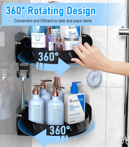 360 6 2PACK 5Pcs Rotating Shower Caddy Shelf With Hooks, Bathroom Organizer With Adhesive, Stainless Steel Corner Racks