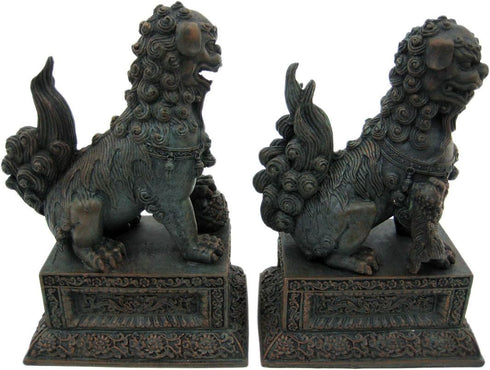 YTC Summit International, Inc. Pair of Chinese Lions Stone Guardian Figurines Set of 2 on Engraved Base