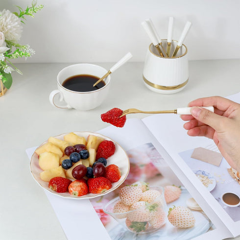 6PCS Mini Dessert Spoons Set, Small Stainless Steel Gold Tea Spoons with Ceramic Jar Holder