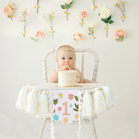 FESTELLAR 1st One Banner Embroidery First Birthday High Chair Butterfly Fairy Girl Highchair Banner Happy Party One