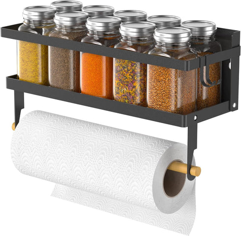 Magnetic Spice Rack Shelf, Foldable Wall Mounted Seasoning Organizer with Paper Towel Holder & Hooks