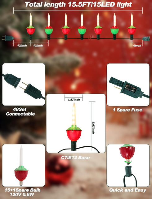 Hobbynors 15.5ft 15 Vintage Christmas Bubble Lights - Strand with Nostalgic Bubbling Candles, Warm White Glow & Green