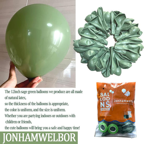 Jonhamwelbor Sage Green Balloons, Olive Green Eucalyptus Green, 100 Pack 12 Inch Matte Latex Balloons