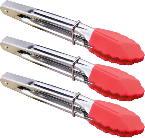 Set of 3 Small Kitchen Tongs with Silicone Tips, 7 Inch (Red)