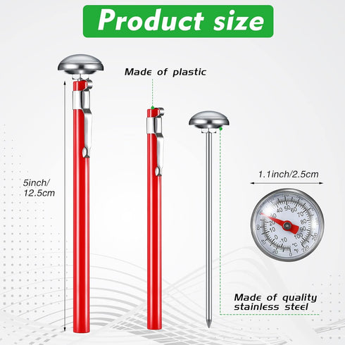 6 Pcs Stainless Steel Kitchen Thermometer with 5 Inch Long Stem 1 Inch Dial Thermometer Milk Frothing Food Thermometer for Oven Probe Meat Grill BBQ Cooking Chocolate Water (Red)