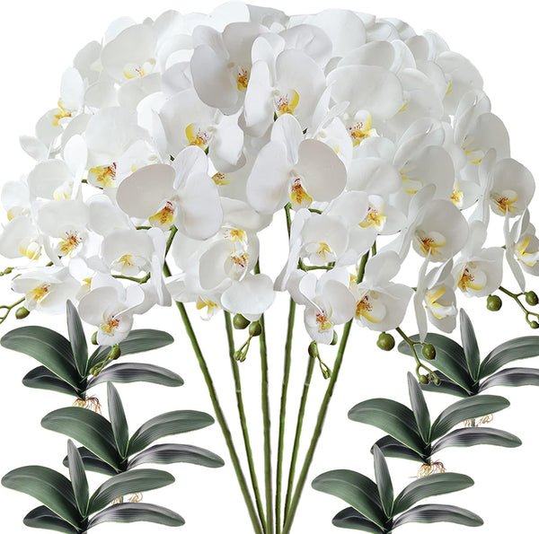 FagusHome 6 Pcs Artificial Phalaenopsis Flowers with 6 Bundles Leaves, Artificial Orchid Flowers Stem Plants for Home