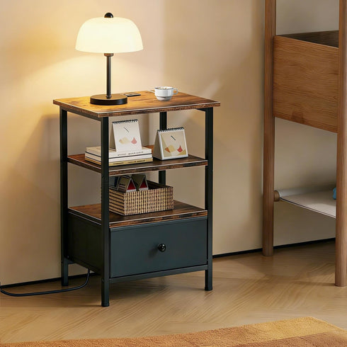 Side Table with Charging Station, Nightstand with Adjustable Fabric Drawer, Bedside Table for Bedrooms, Living Rooms