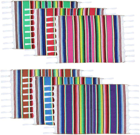 Mexican Serape Placemats - Set of 6 Handwoven Fringe Cotton Table Place Mats for Party Decor, 13 x 19 Inch