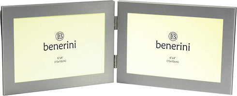 Brushed Aluminium Satin Silver Colour - Twin 2 Picture Horizontal Double Folding Photo Frame - Takes 2 Photos of 6 x 4 inches (15 x 10 cm) (Landscape Style) by benerini