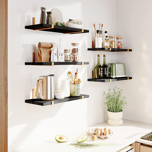 Set 5, 4.7 Inches, Fixwal Floating Black Gold Shelves of Width Rustic Wood Wall Storage Shelves for Bedroom, Living