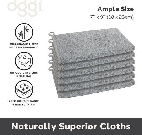 91% 6 7x9 Oggi Bambou Odor-Free Kitchen Washcloths - Natural Kitchen Dish Cloths, Bamboo-Derived Rayon Cellulose Fiber