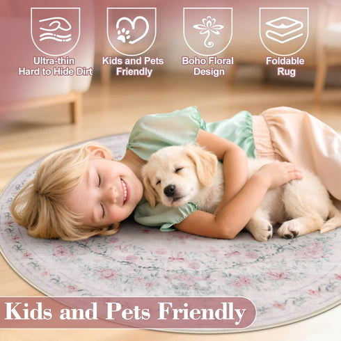 4ft Wonnitar Bow Print Washable Round Rug, Pink Circle Rug for Girl Nursery Decor, Non Slip Ultra-Thin Soft Boho Floral