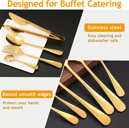 Gold Serving Utensils Set - 12 Pcs Stainless Steel with Slotted Spoons, Forks, Tongs, and Soup Ladle